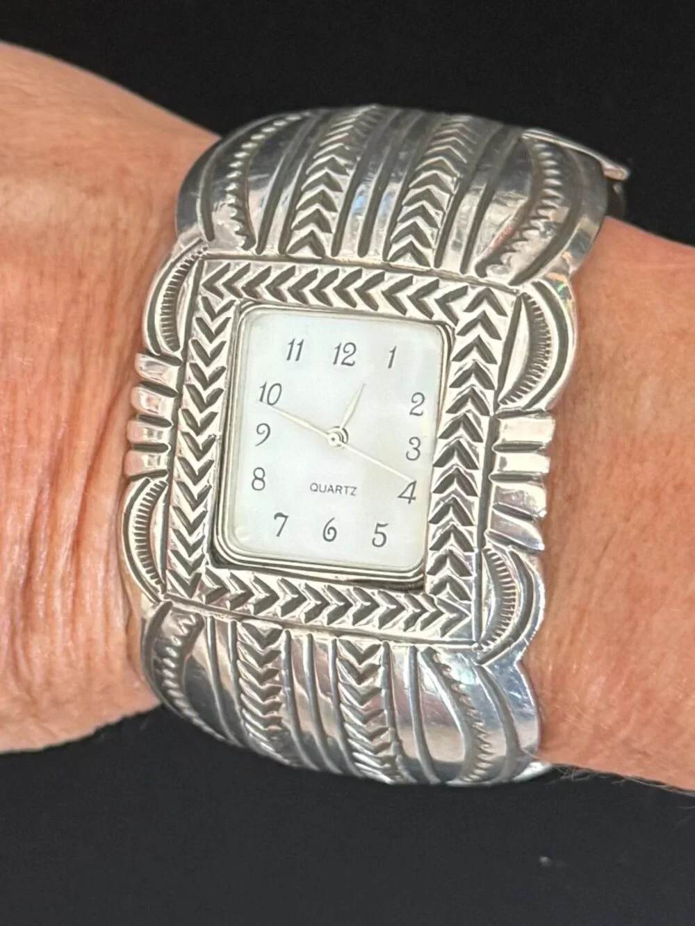 HANDCRAFTED NATIVE AMERICAN HAND-STAMPED STERLING WATCH CUFF